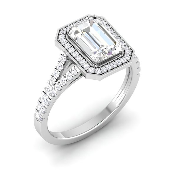 2.0 CTW IGI E-VVS2 Emerald Cut Halo Diamond Split Band Engagement Ring 14k Gold - Picture 2 of 5
